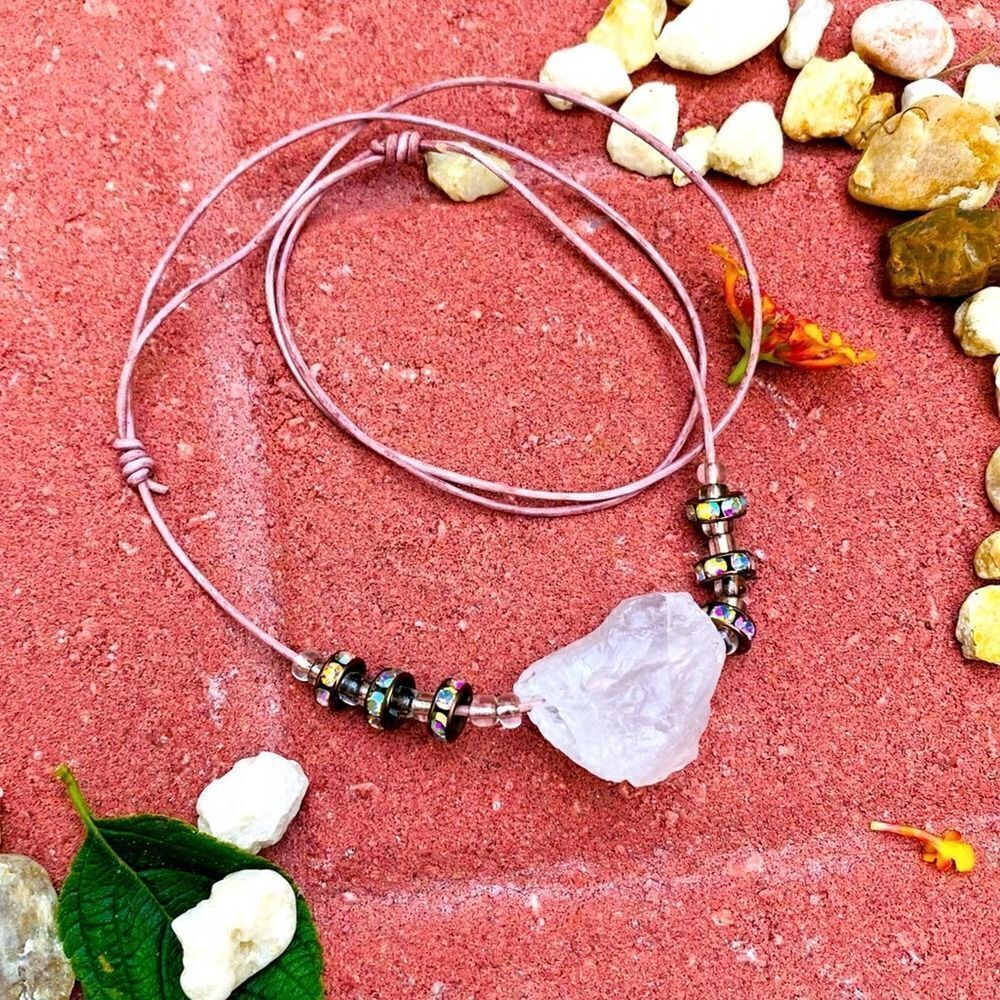 Handmade Rough Clear Quartz Leather Crystal Rondel Adjustable Necklace